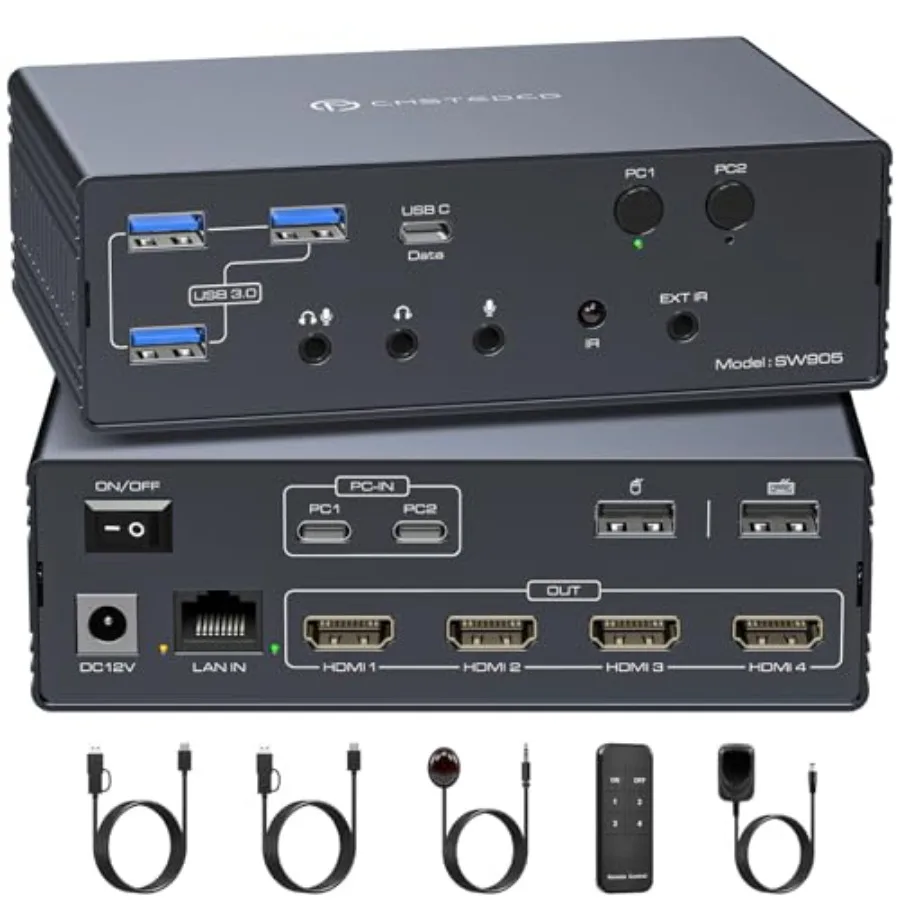 

USB C KVM Switch for office use, aluminum alloy, black, supports 4 monitors 2 computers 4K60Hz with DisplayLink extended mode