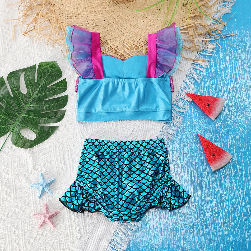 Girls Mermaid Swimsuits Two Piece Tankini Bathing Suits Summer Beach Ruffled Top and Skirted Trunks Swimwear for 2-10 Years