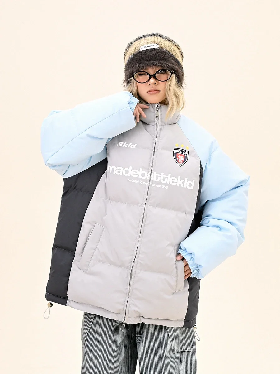 Contrasterende kleur splitsen opstaande kraag dames 2024 winter nieuwe losse Bf Amerikaanse trendy merk college stijl parka's jassen