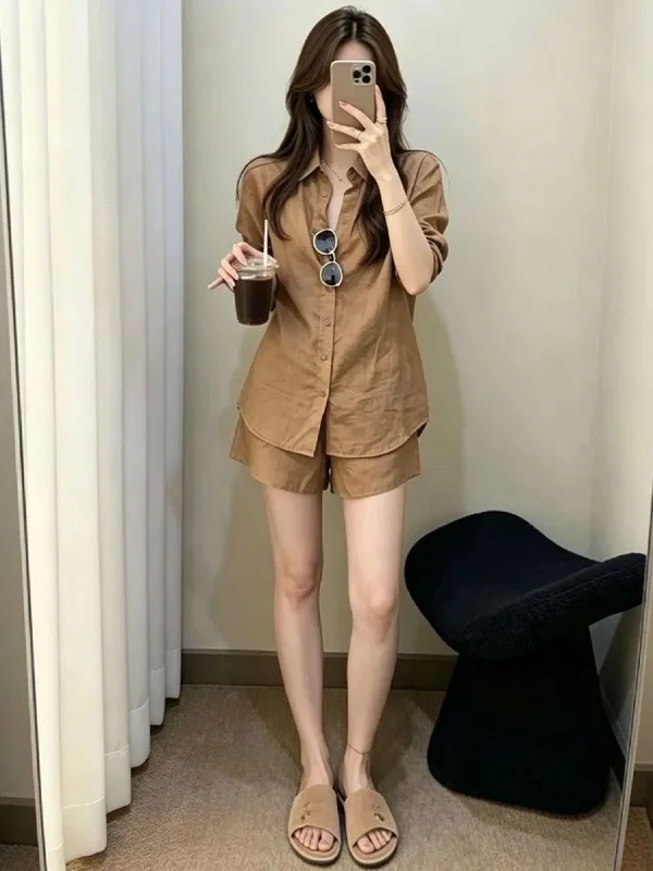 Retro Style Women's Sun Protection Shirt Set Casual High Waist Shorts Two-Piece Suit Breathable Polyester Long Sleeve Blouse