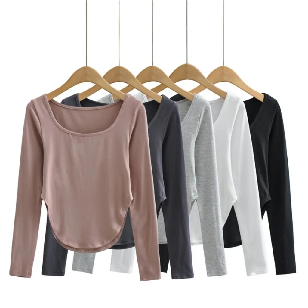 YPFF المرأة سليم صالح بأكمام طويلة تي شيرت مشروط بلون تمتد قوس أسفل مثير الساخن فتاة نمط أعلى لخريف شتاء