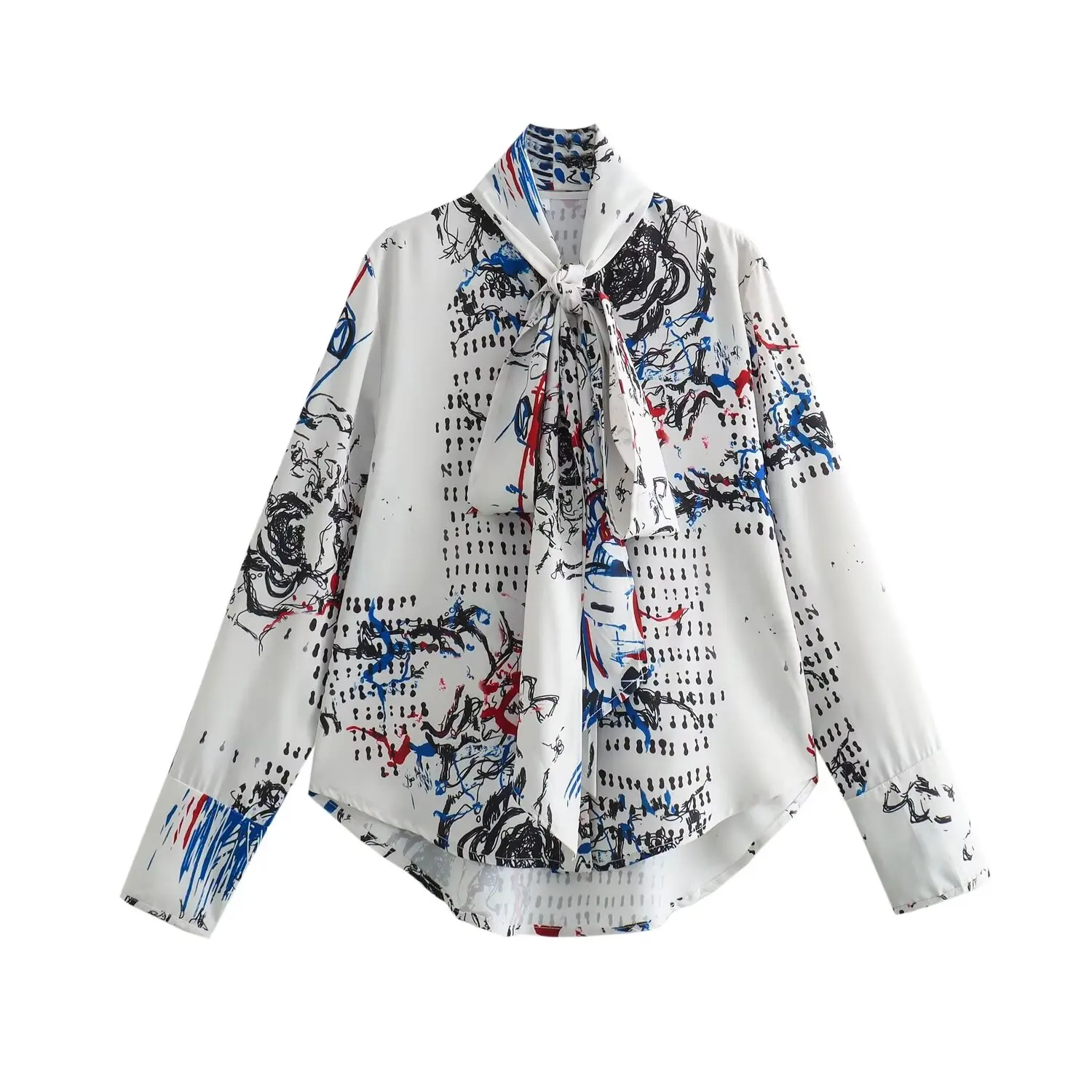 TRAFZA 2024 Spring Summer Women Vintage Print Shirts Single Breasted Loose Shirt Bow Shirts Fashion Women Casual Shirts