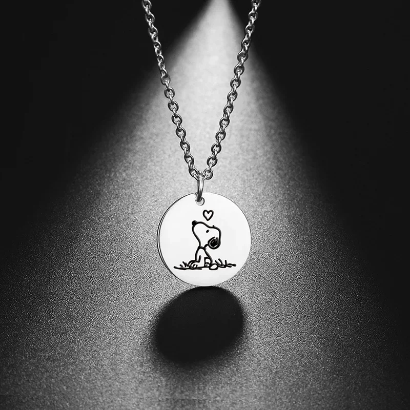 Snoopy Necklace Simple Versatile Stainless Steel Woman Jewelry Fashion Anime Round Card Anniversary Birthday Gifts for Ladies