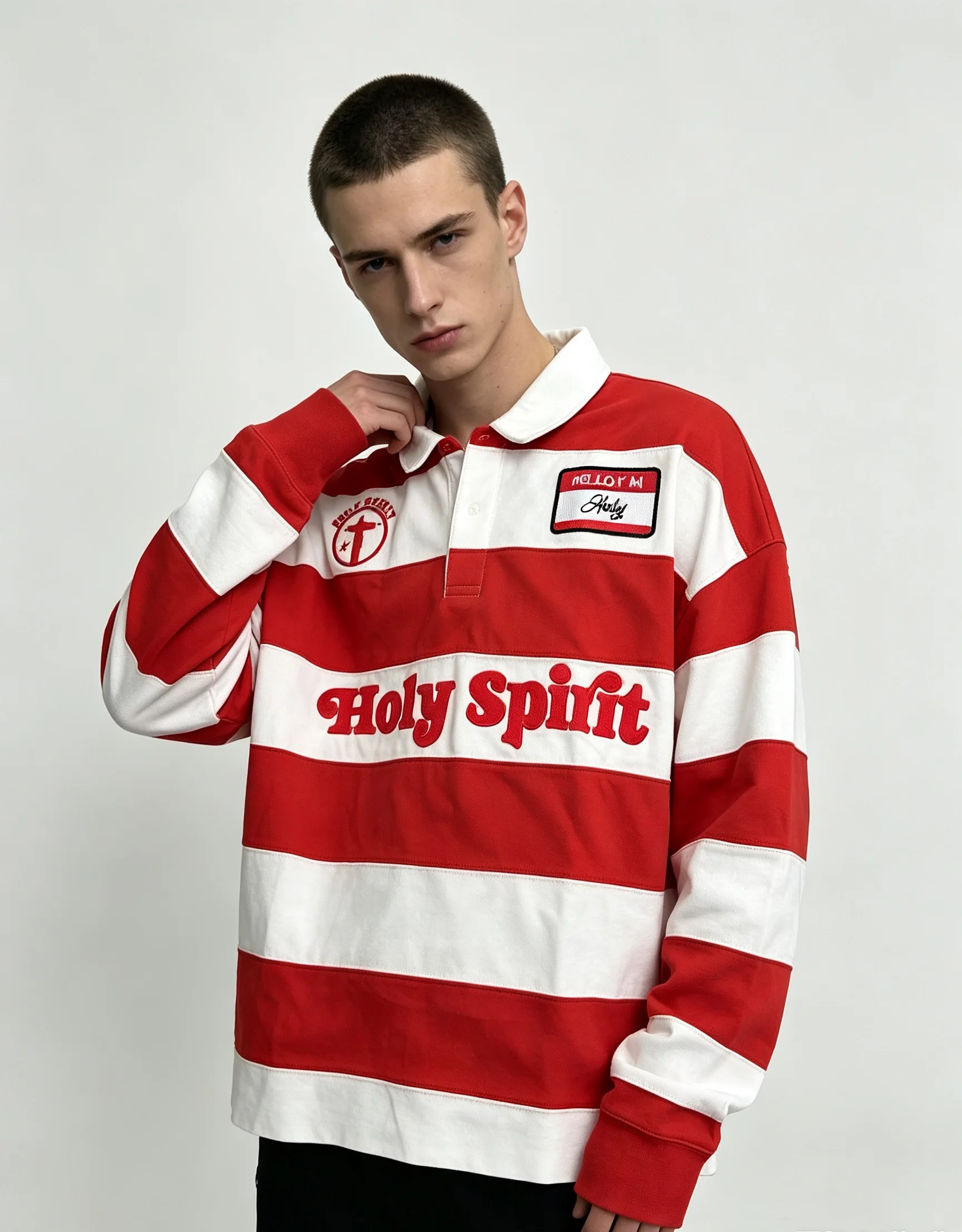 Camiseta Polo de Rugby Vintage a Rayas Rojas y Blancas para Hombre y Mujer, con Parche Bordado del Espíritu Santo, de Manga Larga y Estilo Urbano