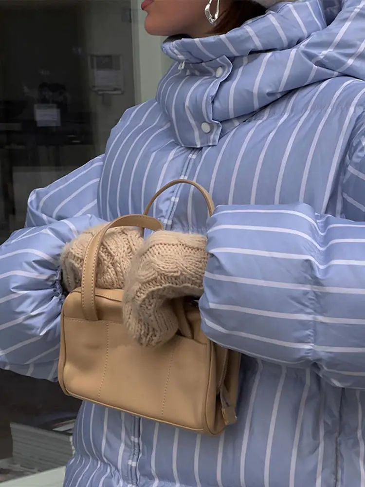 Casual Streifen frauen Gepolsterte Jacke Mode Mit Kapuze Zipper Warm Verdicken Dame Mäntel 2025, Herbst Winter Weibliche Straße Outwear neue