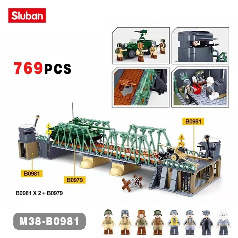 Sluban 769PCS WW2 Battle Of Budapest Bridge Scene Building Blocks Classic War View Model Bricks Set With Figures Kids Toys Gifts