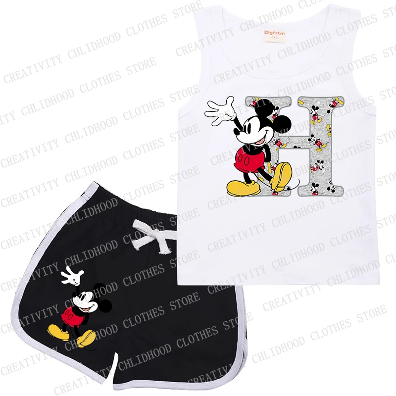 Disney tureChildren-Shorts de sport pour enfants, lettres A B C D trempées, vêtements décontractés de dessin animé Kawaii, FibrGirl Boy, ensembles de 2 pièces