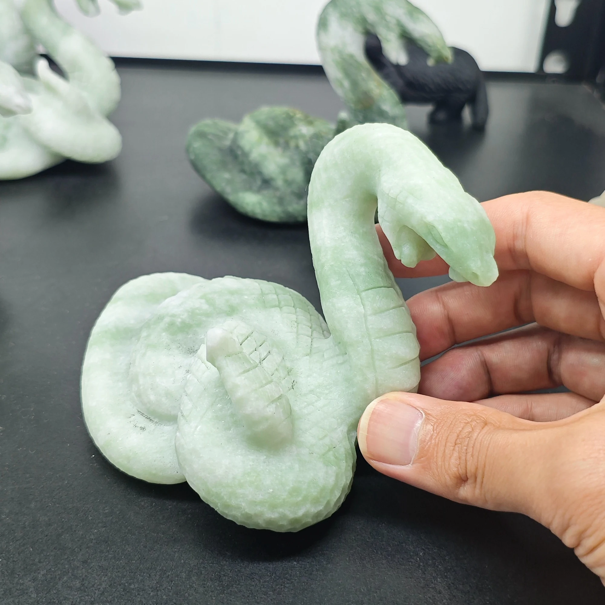 Natural Green Jade Snake Figurine Coiled Cobra Serpent Statue Aesthetic Office Tabletop Decor Collectible Animal Art Present