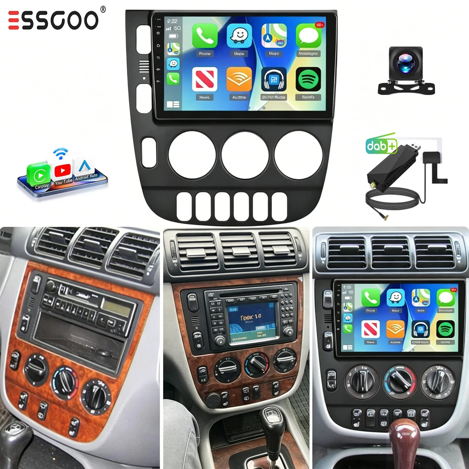 ESSGOO 4G+64G Android 15 Autoradio mit QLED-Display für Mercedes-Benz M-Klasse W163 ML320 (2003–2005) mit Multimedia-Videoplayer, GPS und CarPlay