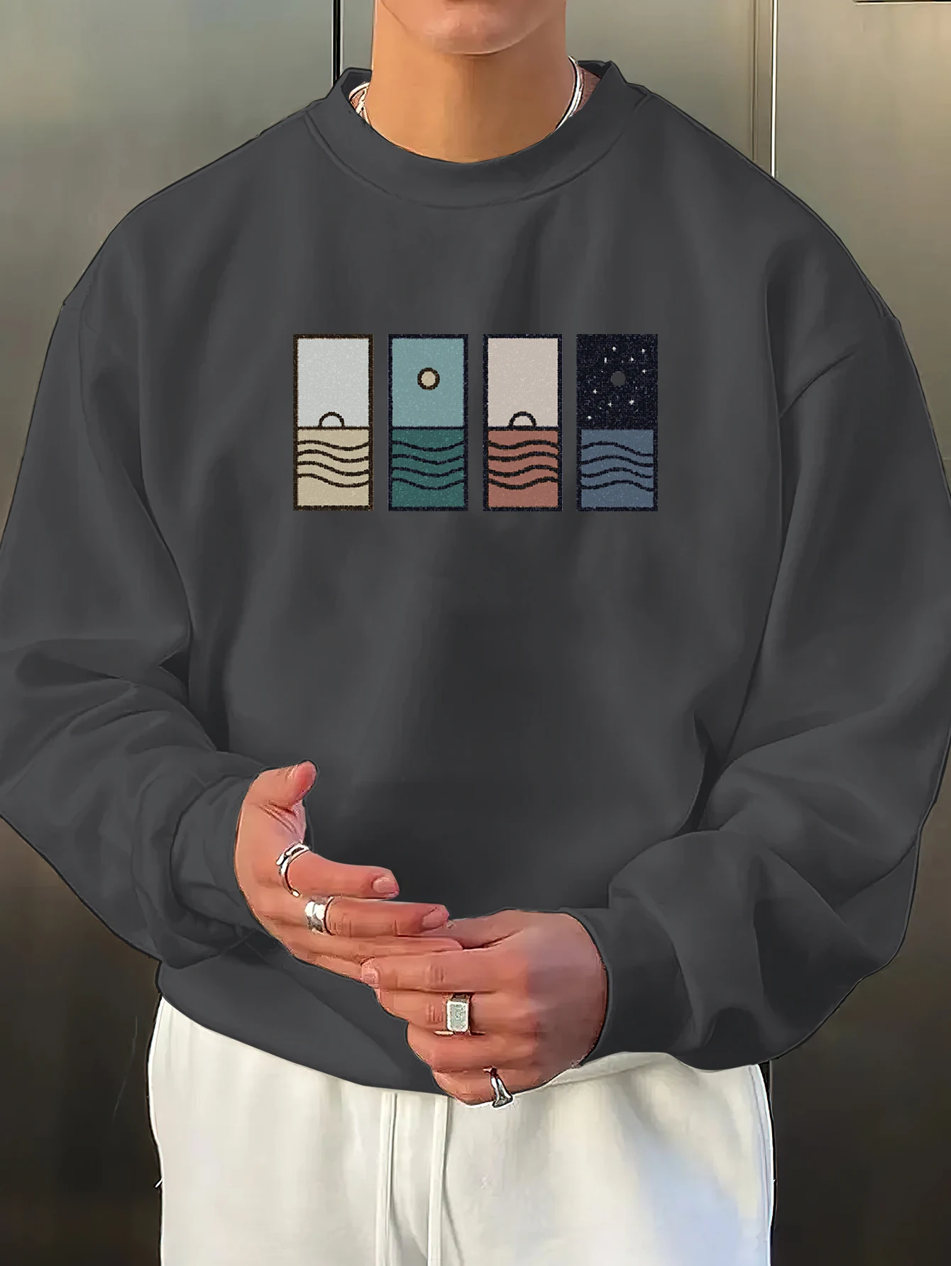 Men Minimalist Landscape Sweatshirt Four Panel Day Night Ocean Sun Moon Graphic Crewneck Abstract Aesthetic Oversized Streetwear