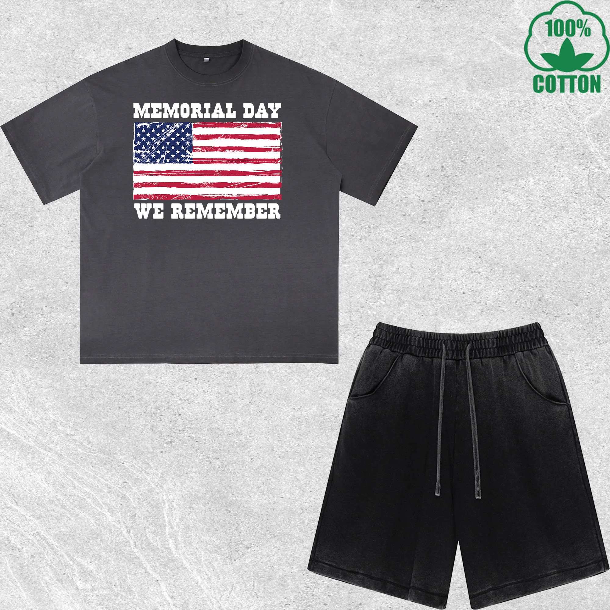 

Memorial Day Printed Dirty Wash T-Shirt Shorts Set Combo Loose Trendy Fashionable 100%Cotton Black Suit