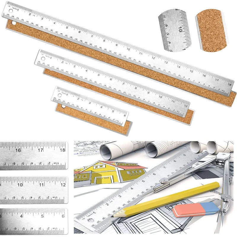 Metal Ruler 3 Pieces Stainless Steel Ruler With Cork Backing Non Slip Straight Edge Metal Ruler For Office School Work