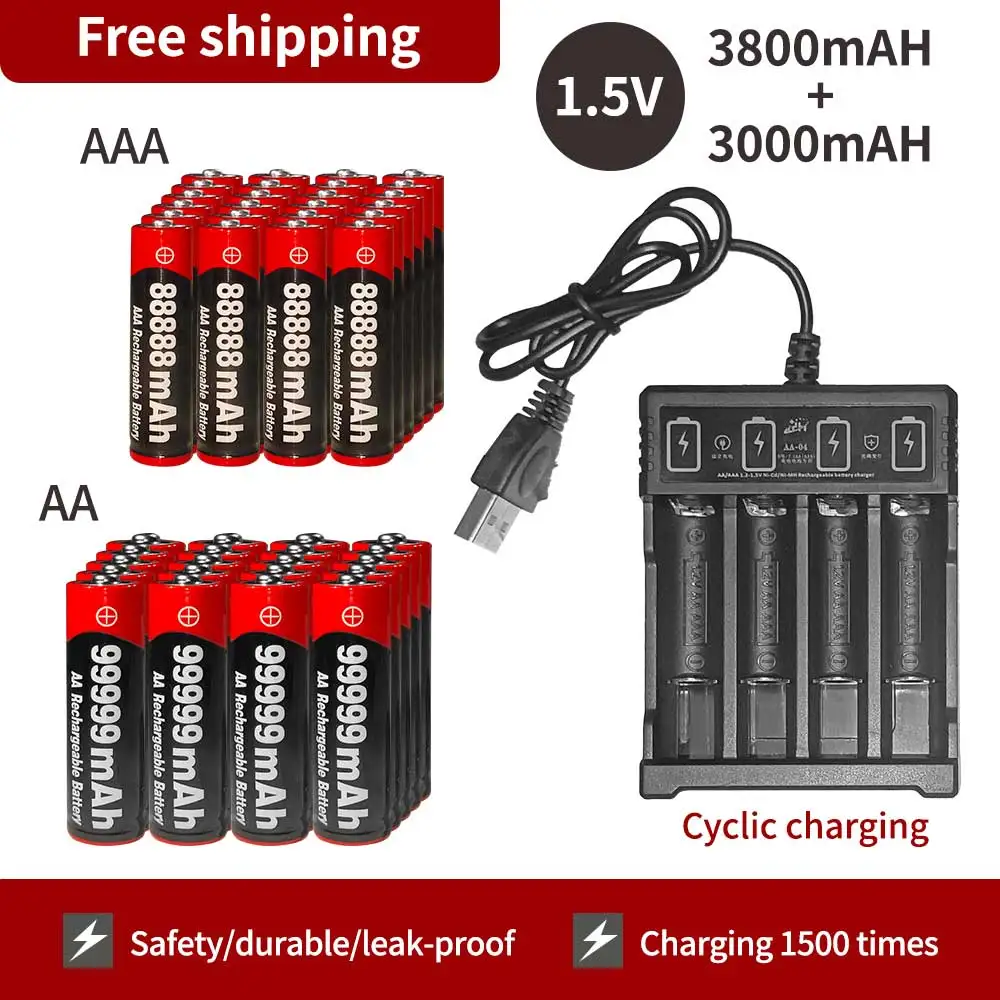 New Brand 1.5V AA 1.5V AAA Alkaline 1.5V Clock Toy Camera Battery Rechargeable Battery+USBcharger rechargeable battery