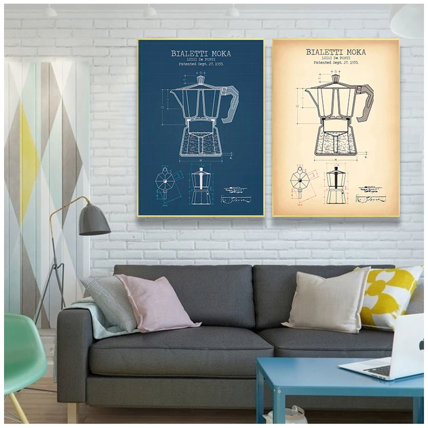 ملصقات ومطبوعات لبراءة اختراع إبريق القهوة ، لوحة قماشية للصور ، ديكور فني لجدران المطبخ ، ملصق بياليتي موكا ، مخطط