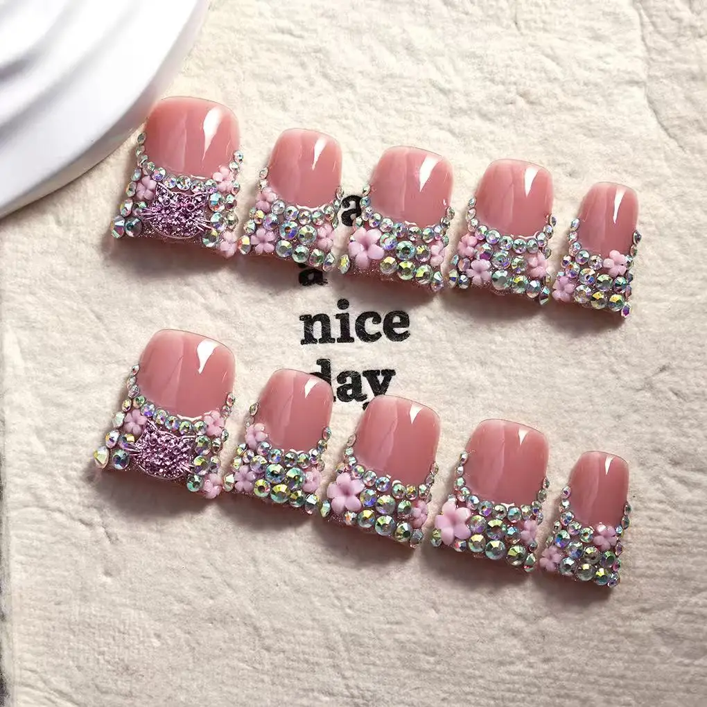 10pcs high-end Sweet and cool style, hand-painted three-dimensional carving, dazzling diamonds all over handmade French Tip Nail