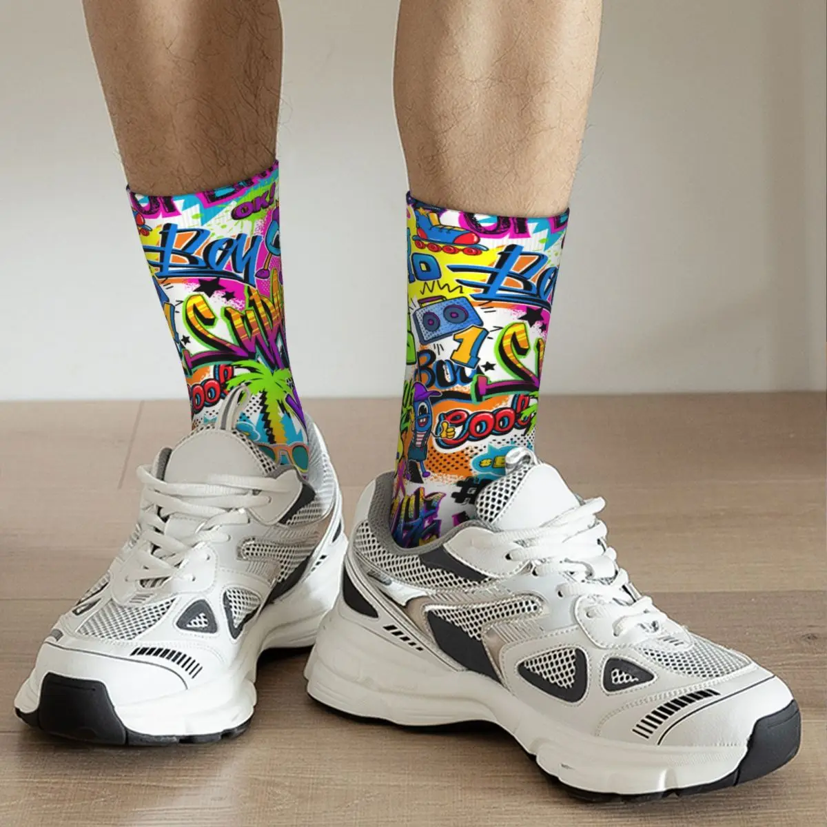 Chaussettes rétro sans couture pour hommes, motif d'art graffiti, style de rue, nouveauté, palmier, rouleau à main, chaussettes d'équipage, Harajuku