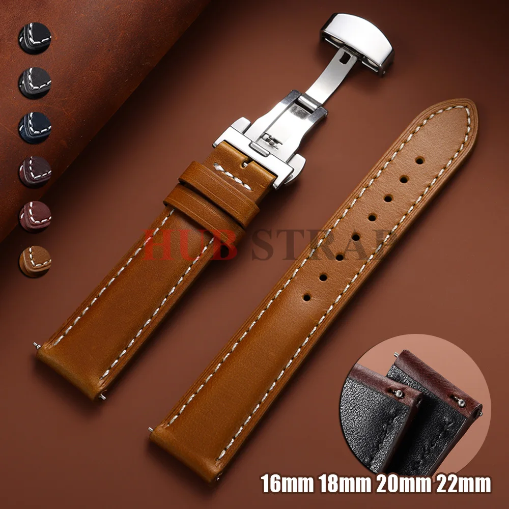 Vintage Browm Oil Wax Leather Watch Strap 16mm 18mm 20mm 22mm Universal Head Layer Cowhide Watchband Butterfly Buckle Bracelets