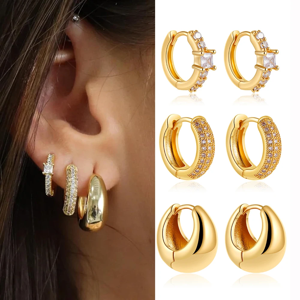 3pair/set Vintage Stainless Steel Simple Chunky Round Zircon Hoop Earrings Polished Gold Plated Rhinestone Huggie Ear Buckle New