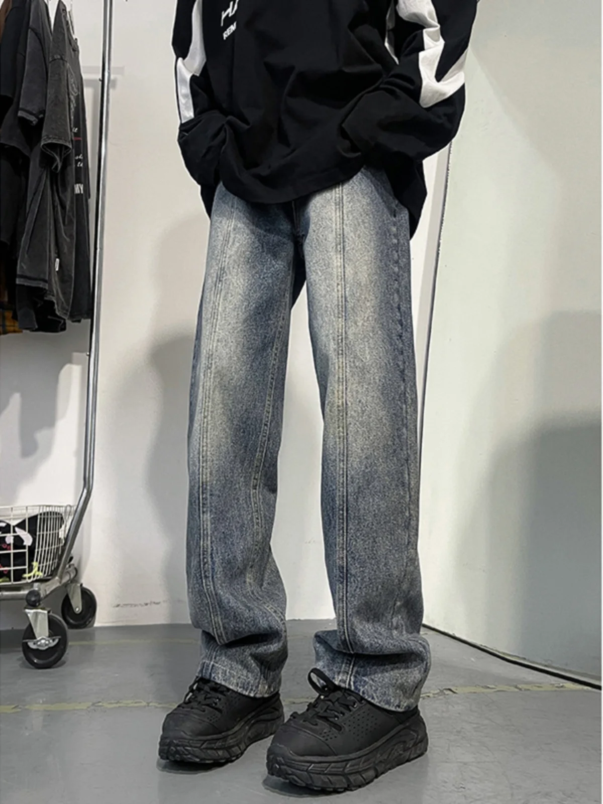 

Retro American Waed Jeans Men's Spring Autumn Straight Leg Loose Jeans Trendy Brand Casual Straight Tube Pants