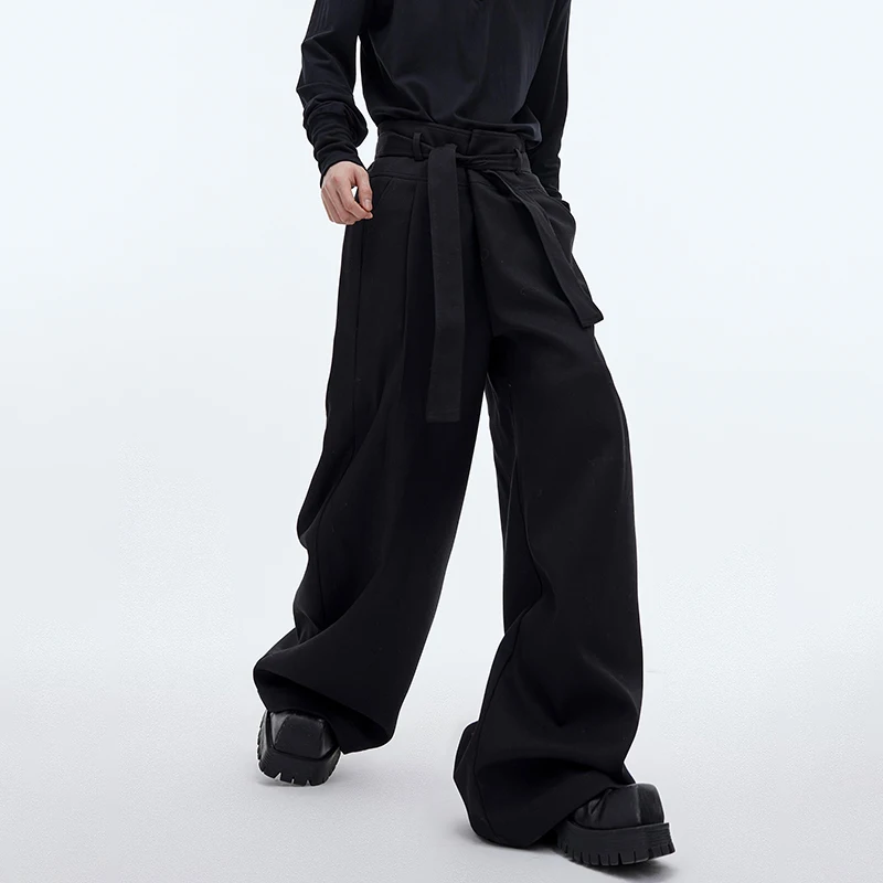 Luzhen 2025 novo cinto de cor sólida decorar calças casuais soltas masculino elegante luxo calças de perna larga bell-bottoms lz9568