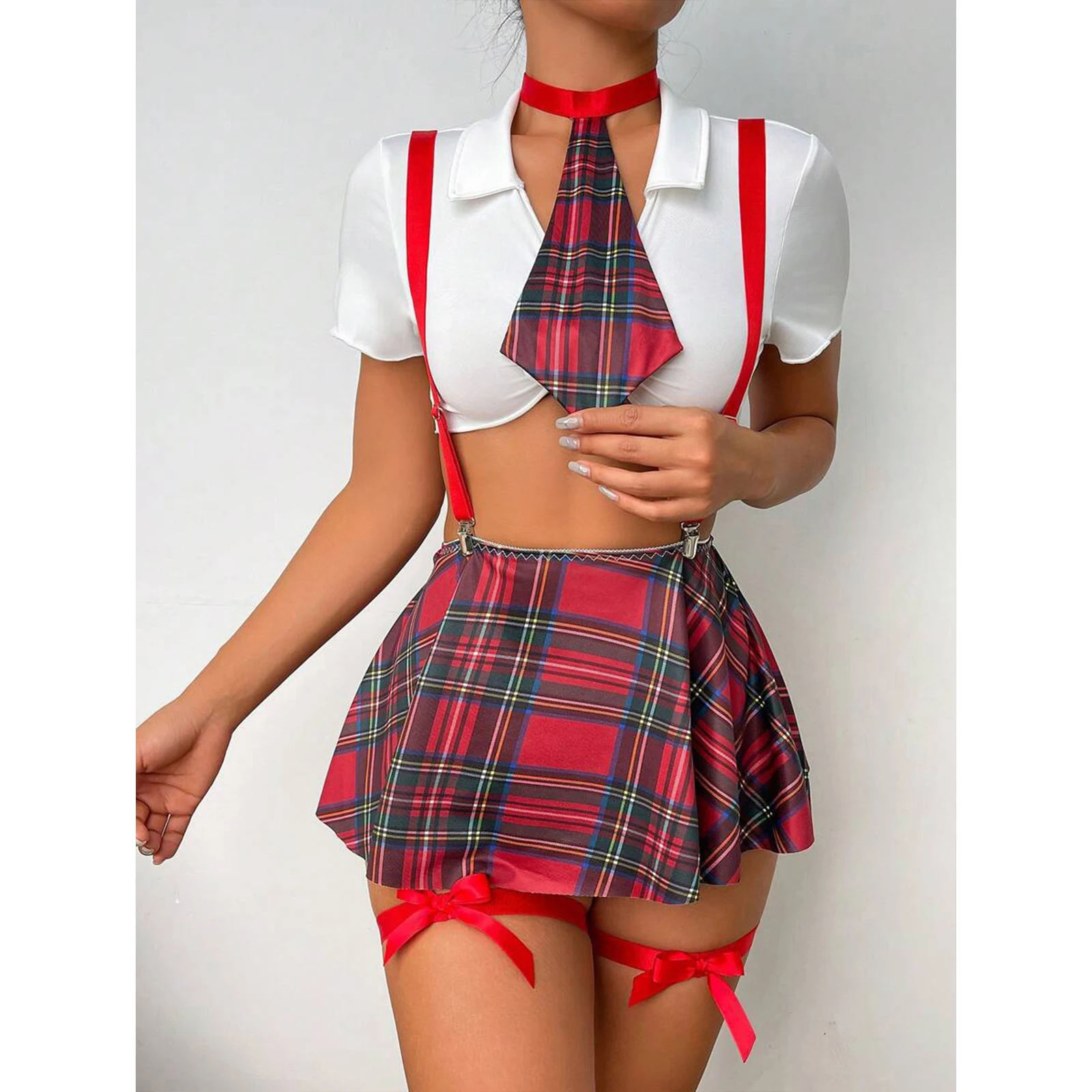 Women's 5 Piece Bow Cosplay Lingerie Set Short Sleeve Crop Top and Panty Set with Necktie Skirt Set School Girl Outfit
