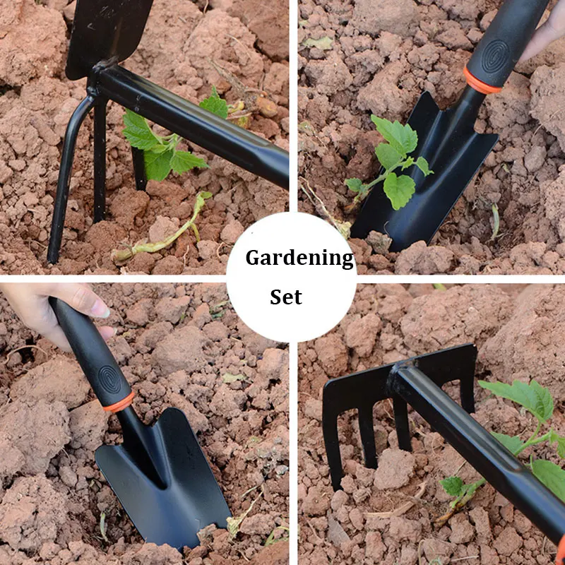 Garden Tool Shovel Black Rubber Handle Five-Tooth Rake Gardening Four-Piece Set Flower Shovel Dual-purpose Hoe Gardening Tools