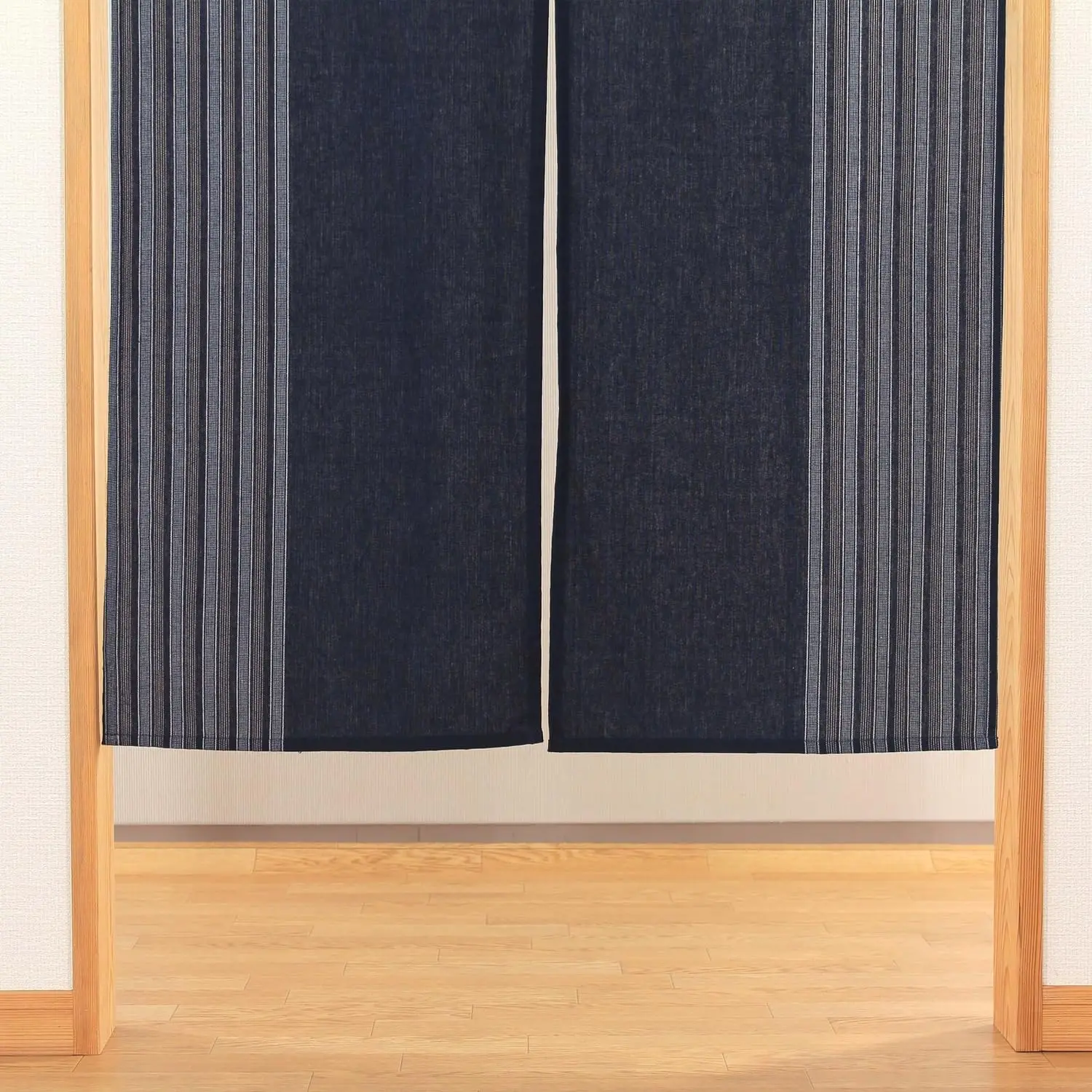 Japanese Minimalist Striped Door Curtain, Navy Blue Linen Texture Background Vertical Stripe Print, Serene Wabi-Sabi Decor Room