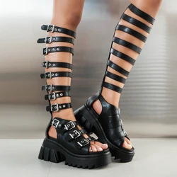 Punk Gothic Knee High Gladiator Sandals Women Shoes Zipper Hollow Rock Style Thick Platform Buckle Strap Roman Wedges Size 35-43