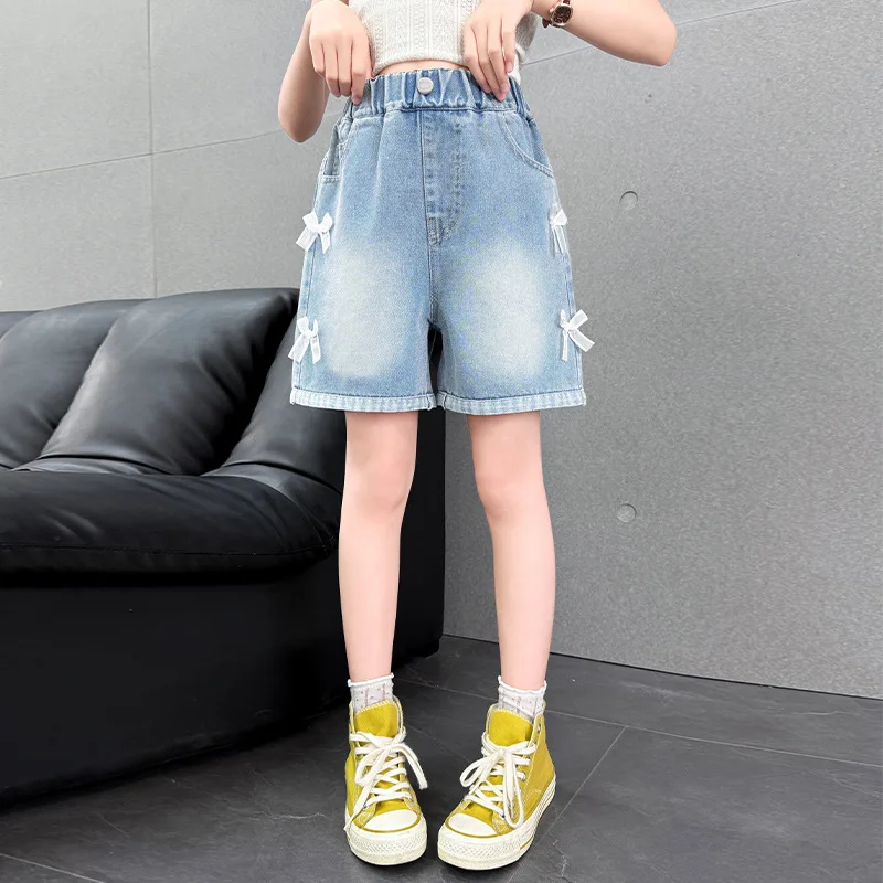 New Summer Tween Child Denim Shorts with Bow for Girls Luxury Short Pants Clothing Bottoms Kids Teenager Casual Mini Jeans Pants