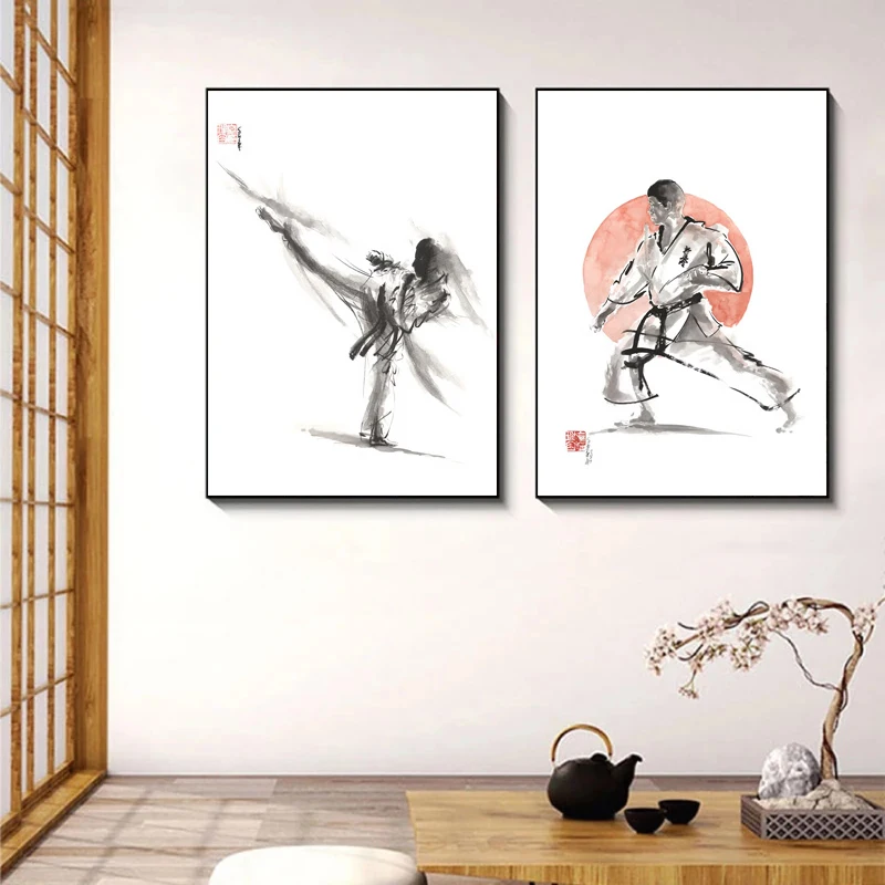 Japanese Minimalist Black Samurai Karate Art Ink Canvas Painting Abstract Posters and Prints Wall Pictures for Living Room Decor