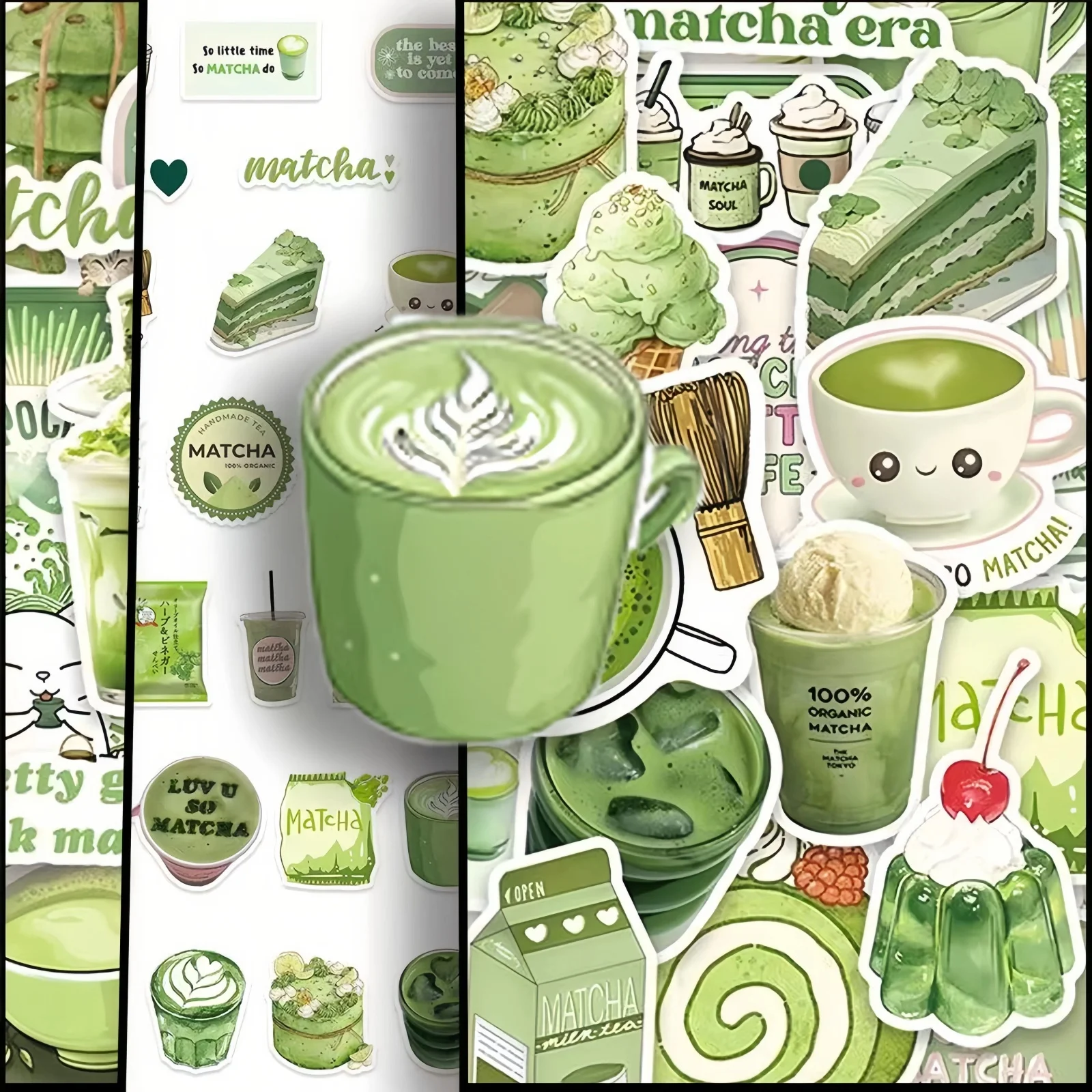 50 Stück Japanische Matcha-Dessert-Aufkleber Kawaii Grüntee-Latte-Sticker Wasserfeste PVC-Aufkleber für Tagebuch Handyhülle