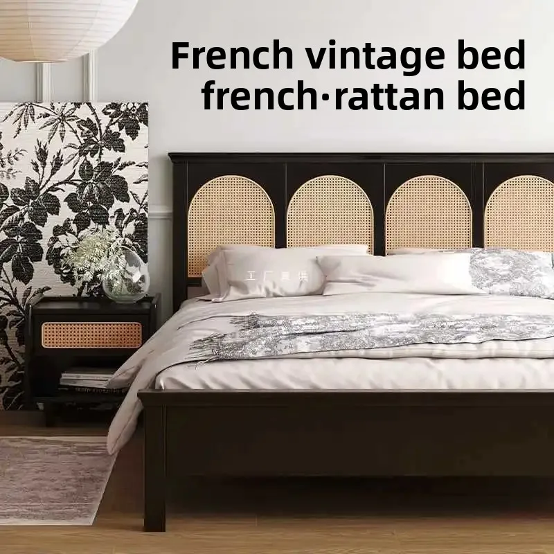 Rattan bed French retro black American solid wood bed, modern simple 1.8 meters 1.5 double bed