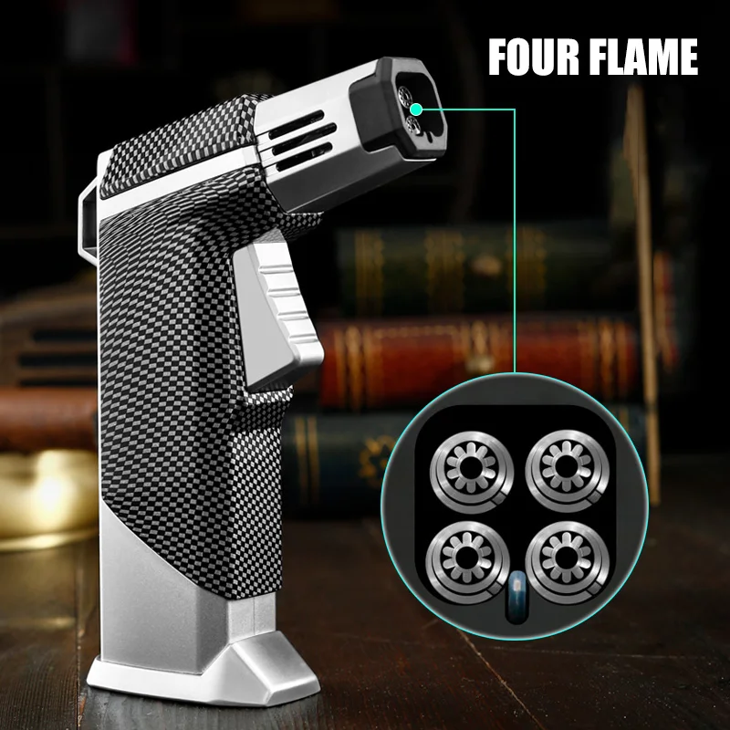 

High Quality Four-flame Blue Flame High-temperature Flamethrower with Adjustable Flame Size for Cigars and BBQ Cigarette Lighter