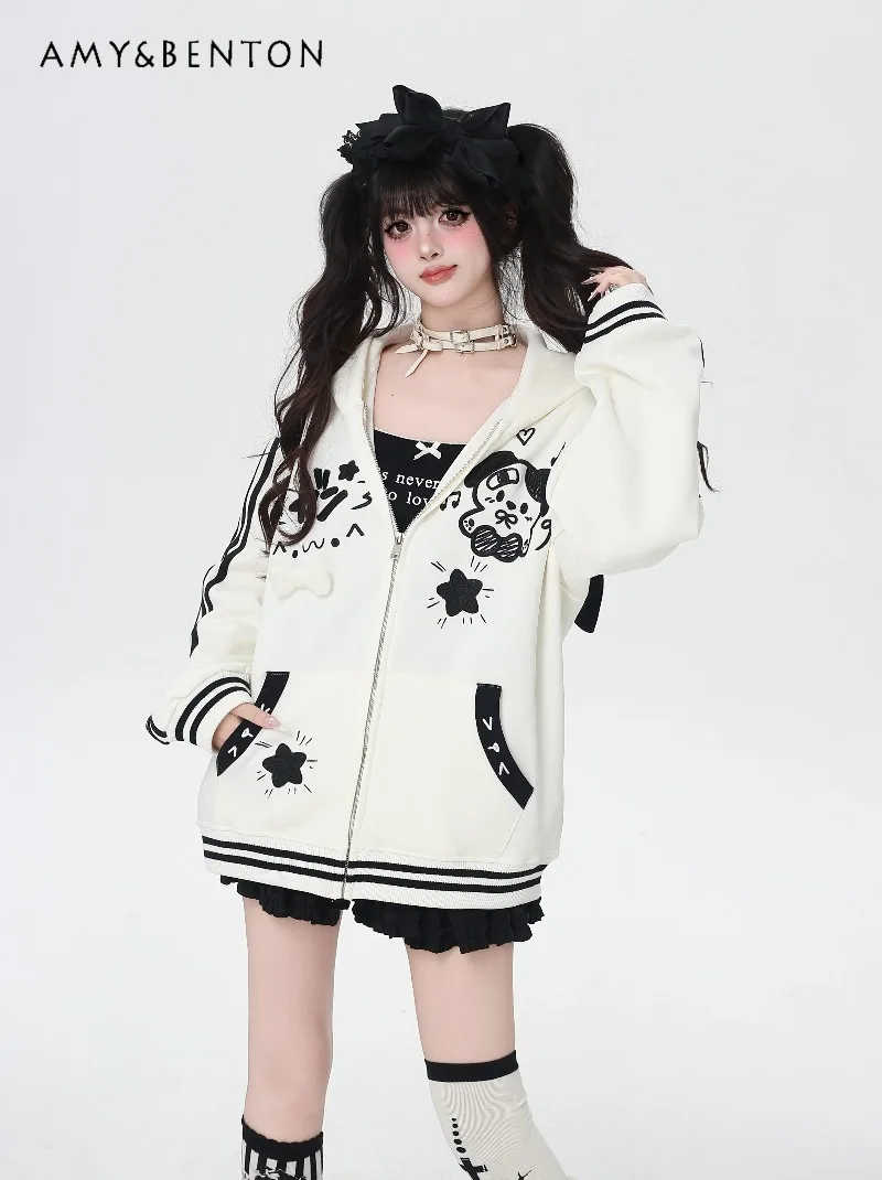 Cute Cartoon Print Kawaii Patchwork Color Hoodies Women Autumn New Preppy Style Sweet Loose Versatile Zipper Sweatshirt Students