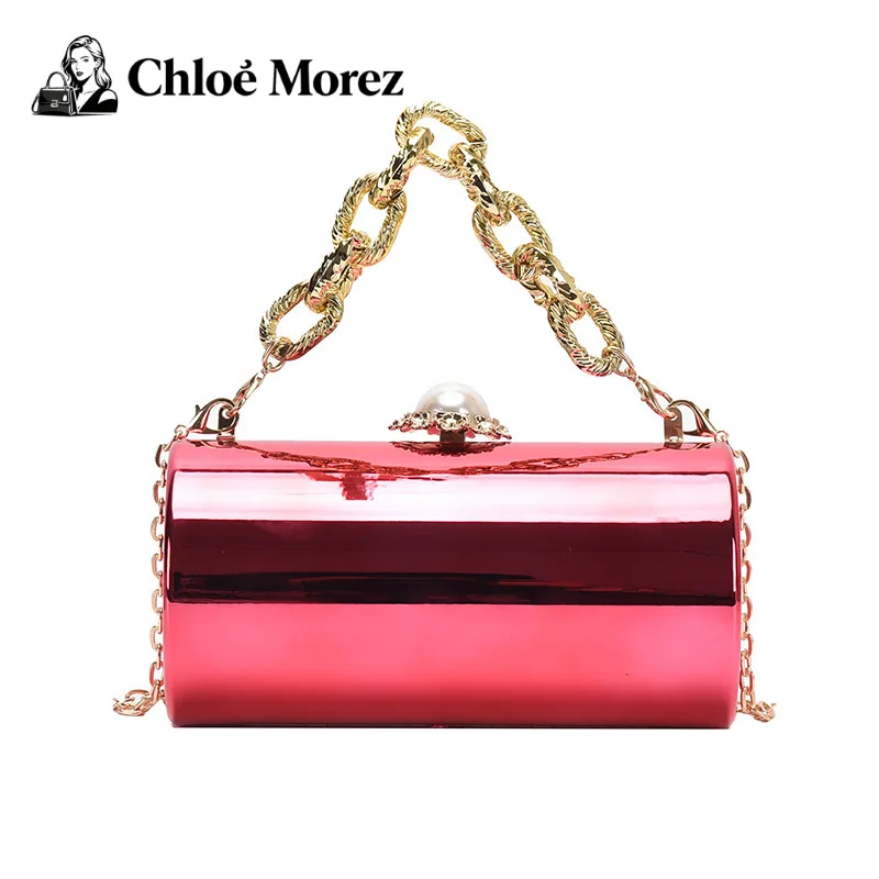 حقيبة يد نسائية حقيبة كتف حقيبة كروس أسطوانية عصرية من الأكريليك سطح لامع أنيق وسلسلة سميكة #1