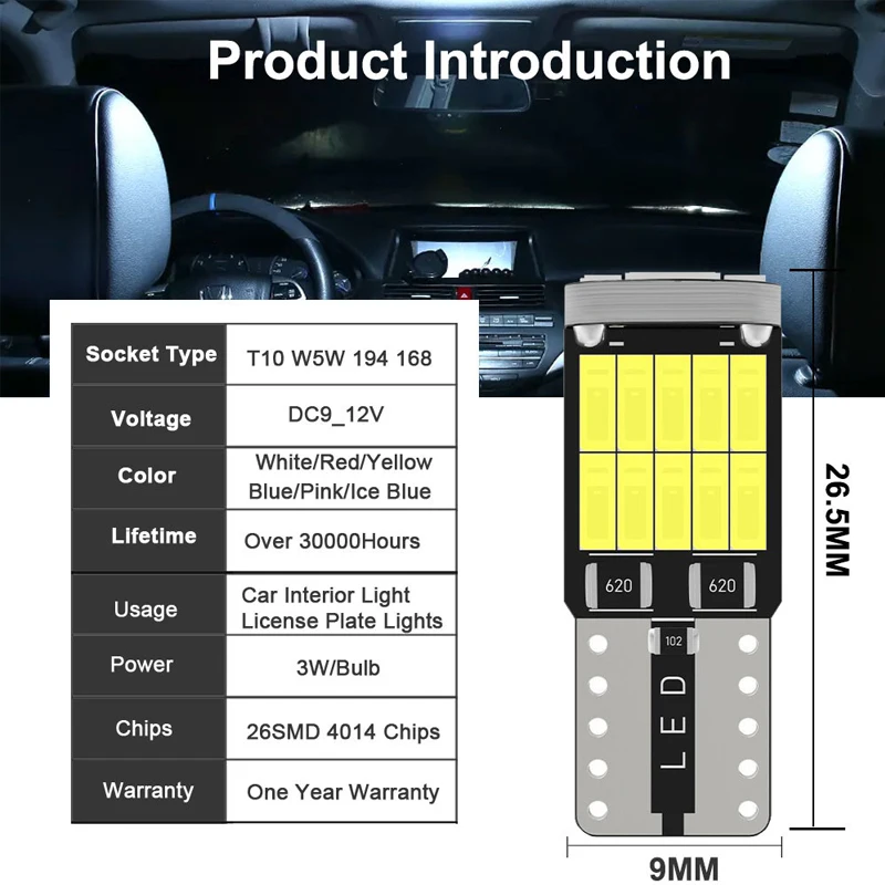 2/6/10pcs W5W T10 Led Bulb Canbus 26SMD 4014 Chip 168 194 501 5w5 Car Interior Dome Reading License Plate Lights Signal Lamp 12V