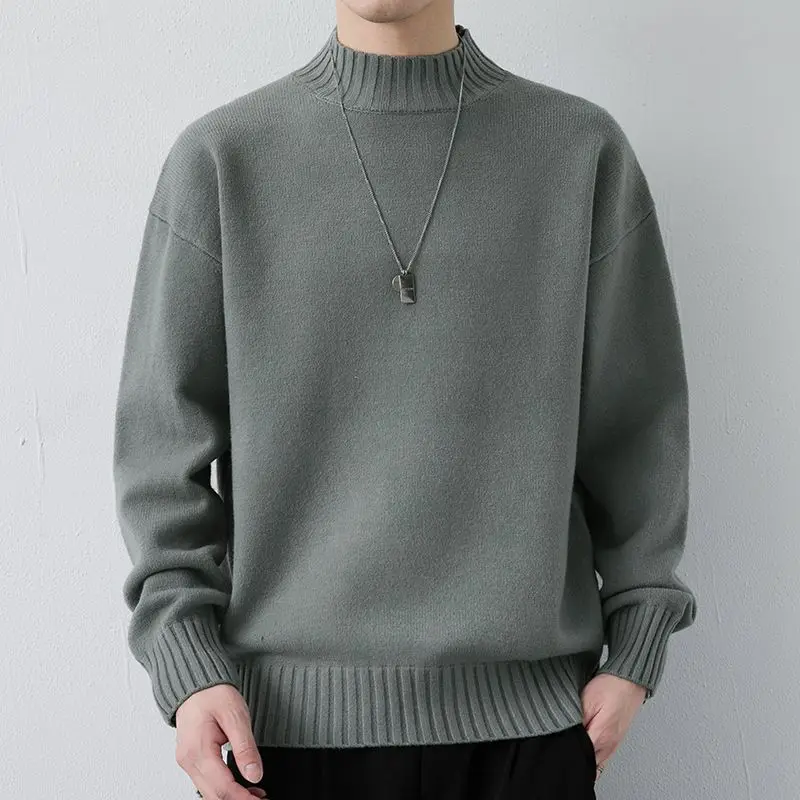 Half High Collar Loose Sweaters Autumn Winter New Basic Solid Color Men's Clothing Casual Long Sleeve Vintage Knitted Pullovers