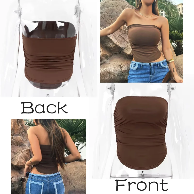 Women's Dark Brown Sleeveless Tube Top Soft Stretch Bodycon Slim Fit Summer Casual Crop Shirt Strapless Crop Top for Women