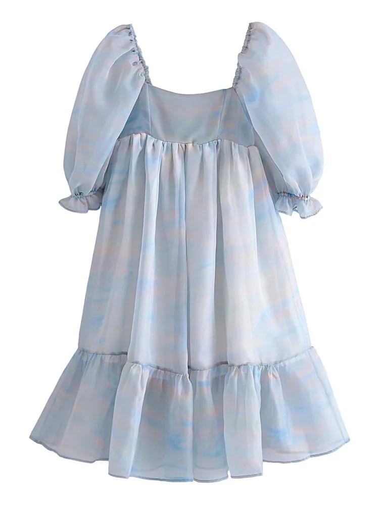 Sweet Summer Blue Color Misty Sky Tie dye Organza Ball Gown Dress Puff Sleeve Retro Women Swing Midi Dresses Fairy Cake Vestidos