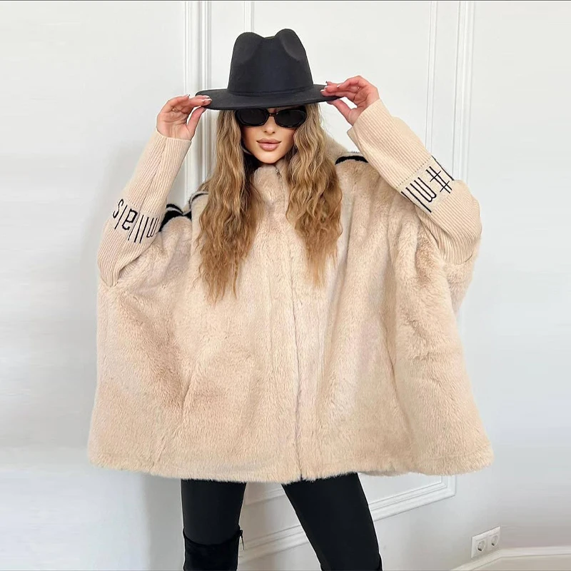 دافئ فو الفراء المعتاد معطف مقنع للنساء موضة المرقعة محبوك الأكمام سستة جاكيتات 2025 جديد الخريف الشتاء معاطف للسيدات