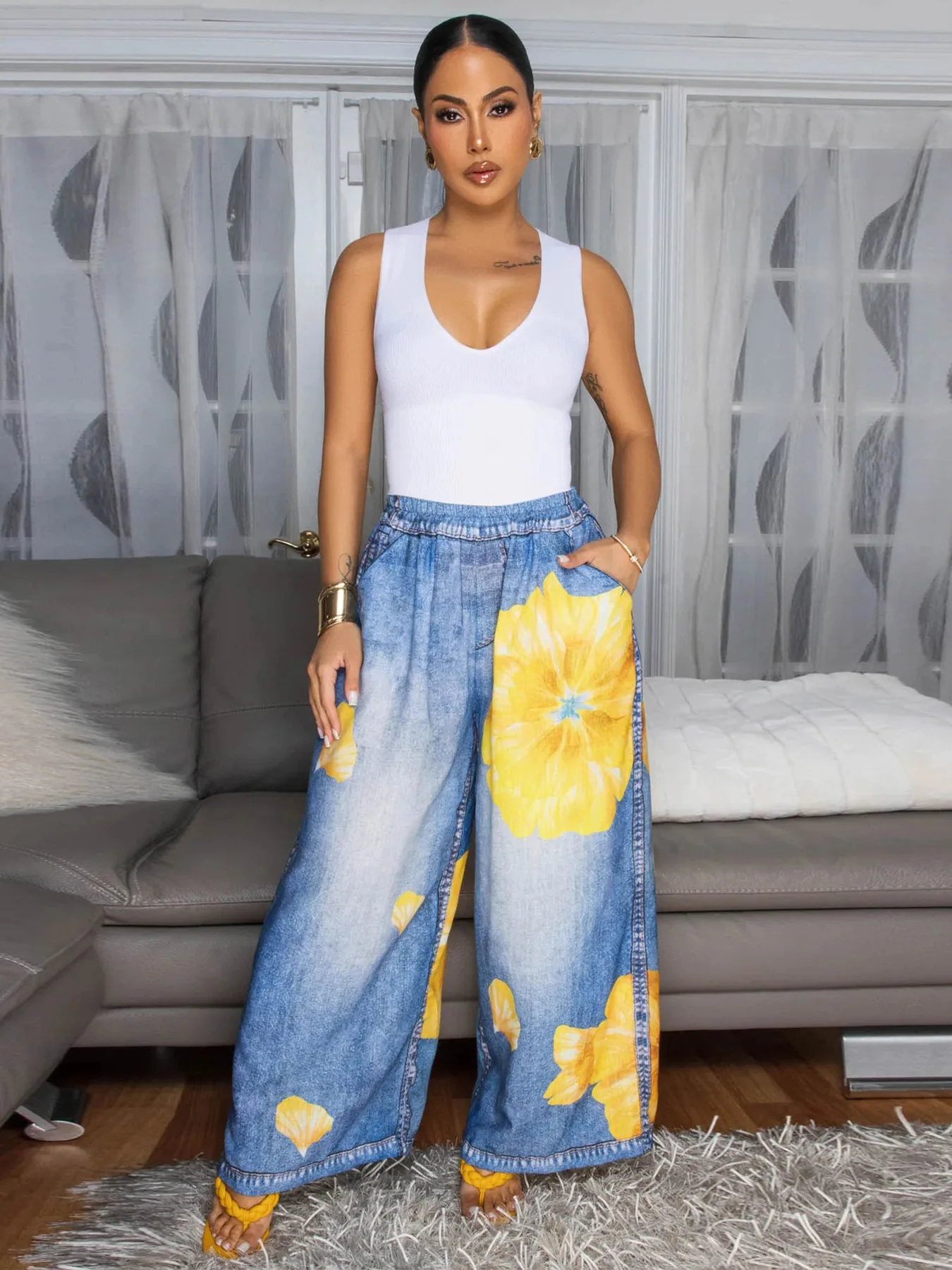 กางเกงลำลองทรงขาบานพิมพ์ลายดอกไม้สำหรับผู้หญิง ผ้าฝ้าย เอวสูง ทรงหลวม สำหรับวัยกลางคน...