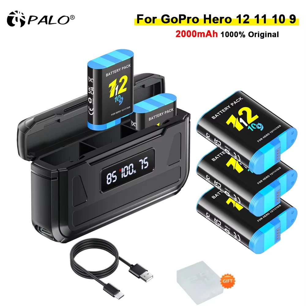 PALO 2000mAh Battery for GoPro Hero 12 Hero 11 10 9 GoPro Hero Camera Accessories + 3 Slots LCD Charger Case for GoPro 12 11 10