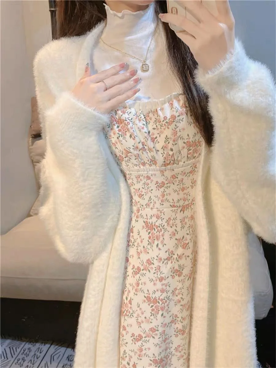 

Mid-Long Cardigans Elegante Womens Winter Drawstring Slimming Crew-Neck Mohair Textured Turtlenecks Modal Solid Button-Decorated