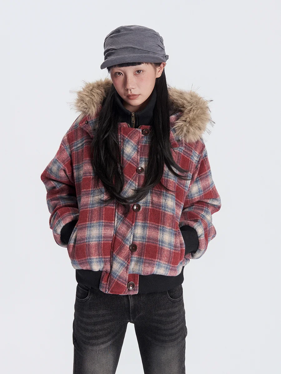 

Girls Plaid Hooded Cotton Jaet with Fur Collar Straight Leg Outerwear Lightweight Vintage Y2K Street Sle Thiened Winter