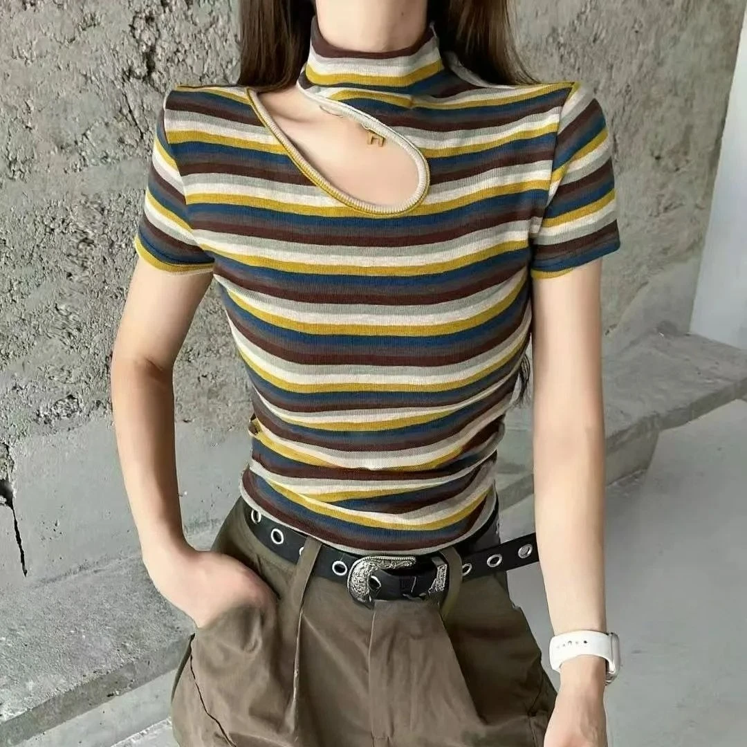 

2026 Summer New Fashion Versatile Striped Short Sleeve T-Shirt Women's Slim Skinny Bottom Shirt Top
