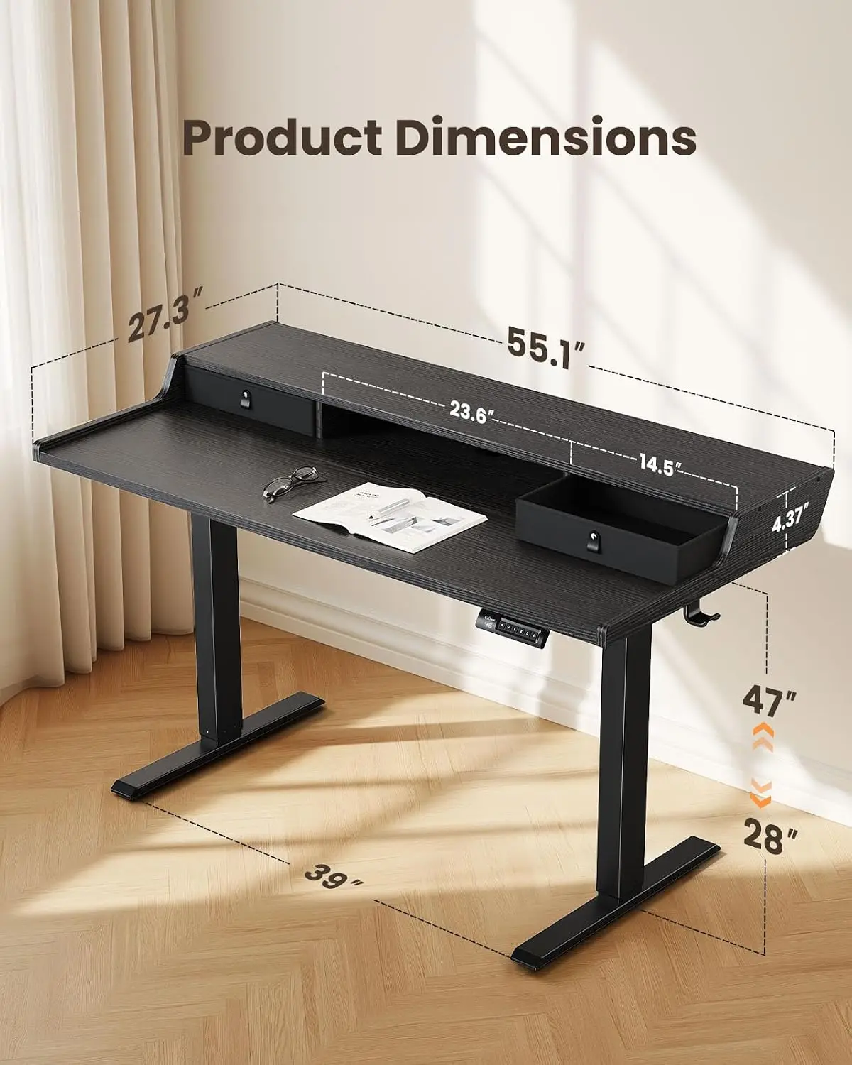 Standing Desk With Drawers & Shelf, 55x28 Inch Height-Adjustable Table, Monitor Stand, 4 Preset Heights, Home Office, Customized