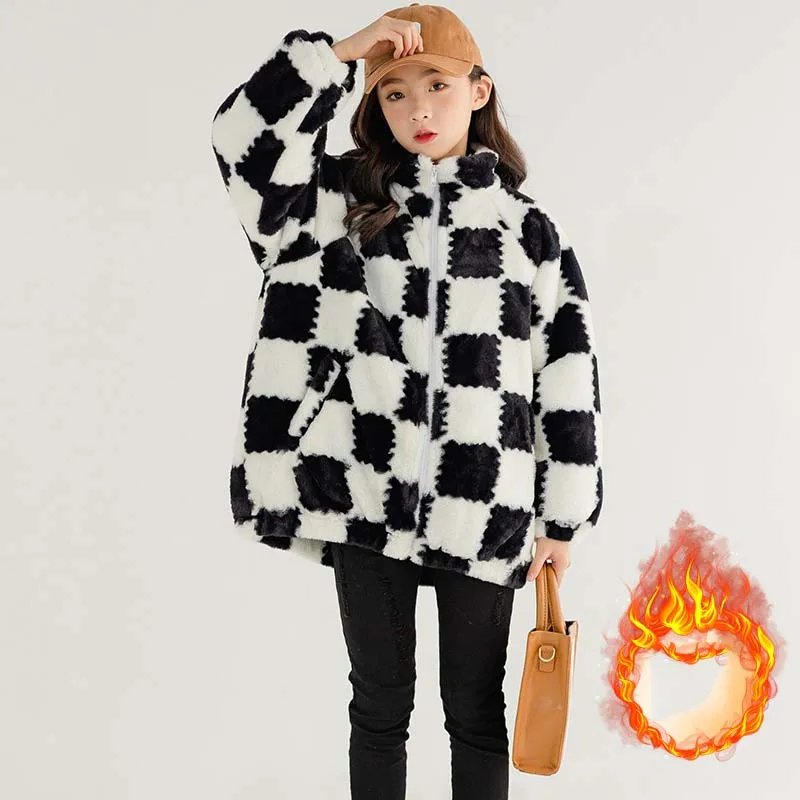 

Winter Velvet Children Girl Outwears School Girl Plaid High Collar Warm Casual Jacket Junior Girl Thicken Zipper Sweat Jackets