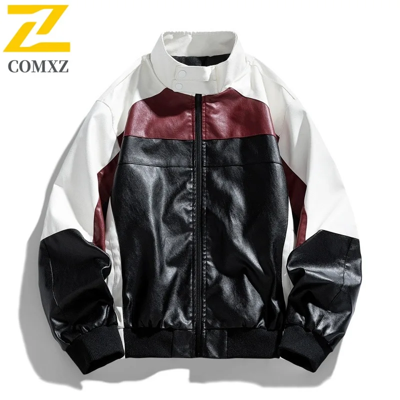

COMXZ Vintage PU Leather Jacket 2025 Men Classic Notch Lapel Color Block Windproof Coat Loose Versatile Street Style Autumn Wear