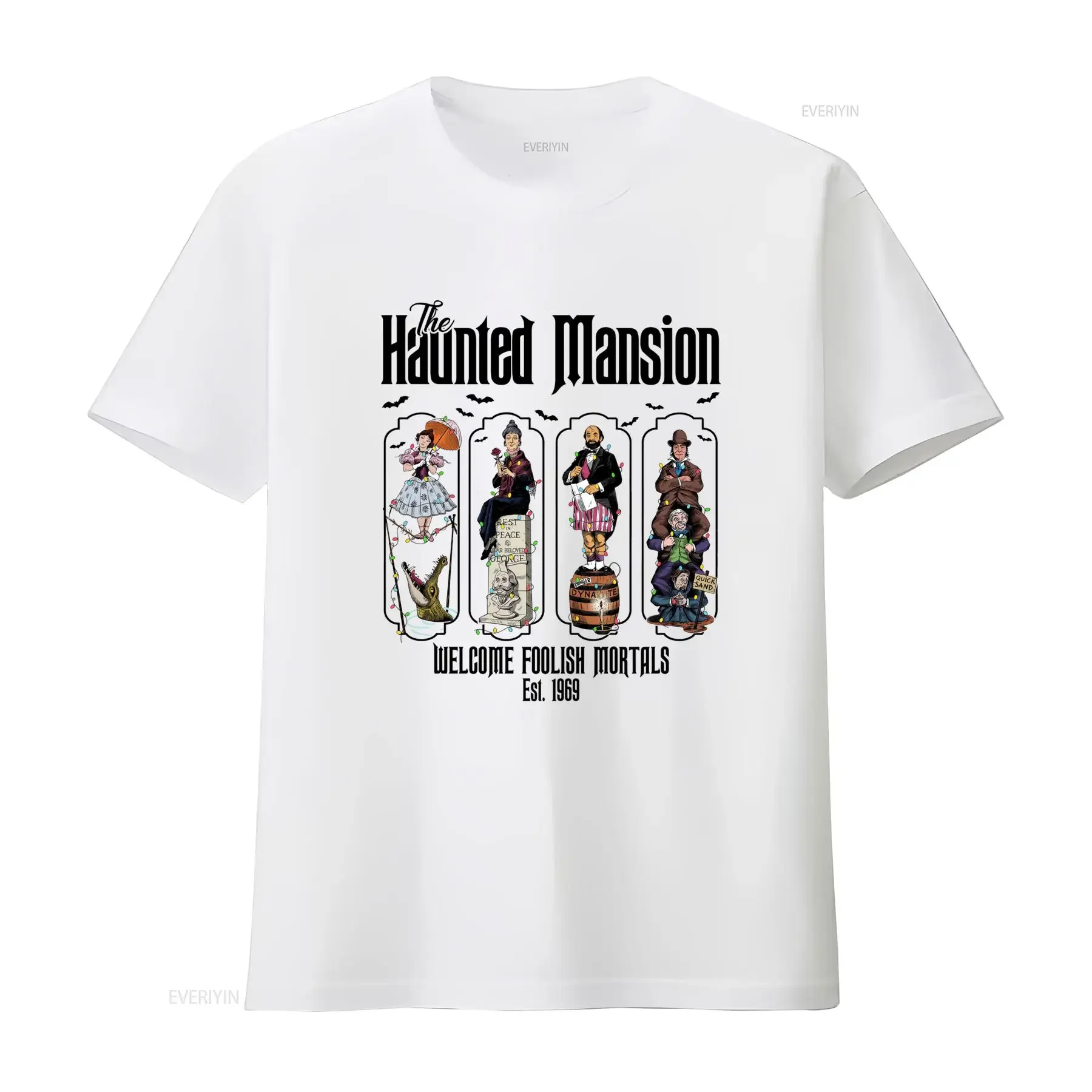Funny Vintage Cartoon Christmas Haunted Mansion Stretching Portraits Print Casual T Shirt vintage Washed homme streetwear