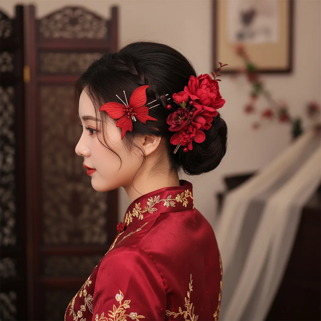 

Hair Clips Set Red Artificial Flower Butterfly For Wedding Photography Women Party Wear